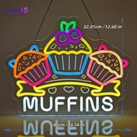 Enseigne 3D en forme de Muffins de Dessin Animé avec Ornements Cœur Double Cerise, Bandes LED Néon Blanches 'MUFFINS' Alimentées par USB, à Suspendre/Montage Mural