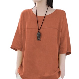 Camiseta holgada de lino y algodón para mujer, Top de talla grande a la moda, liso, con cuello redondo, Top informal para mujer - Product Image 1