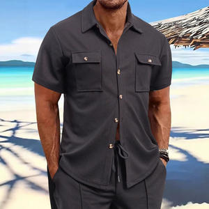 Chemise décontractée d'été pour homme à manches courtes en tissu gaufré, couleur unie, col boutonné, poche, respirante, coupe décontractée - Product Image 3