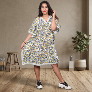 Floral Print Loose V-Neck Cotton <b>Kaftan</b> Dress Women Casual <b>Summer</b> Midi Length Cap Sleeve Breathable Woven Dress <b>Kaftan</b> - Product Image 3