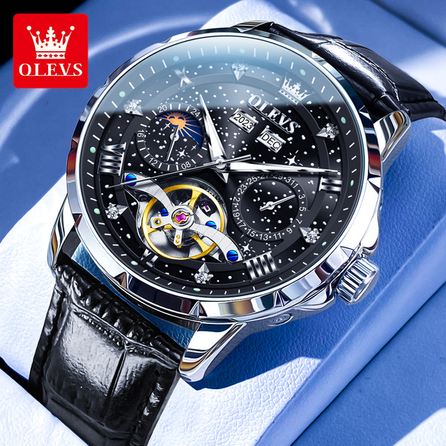 For 6690 OEM Luxury Automatic Mechanical Skeleton Tourbillon Watch 42mm Leather Strap Waterproof Mens Alloy Case