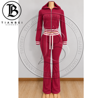 Nouveautés Ensemble deux pièces pour femme en tricot gaufré, survêtement personnalisable avec logo, veste zippée à col tissé rayé et pantalon de survêtement, tenue décontractée