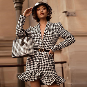 <span class=keywords><strong>2021</strong></span> nouvelles dames noir et blanc Vintage Plaid Patchwork robes à la mode officielles pour les dames tenue de réunion - Product Image 1