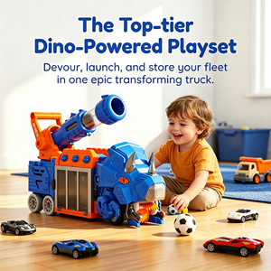 Camión de <span class=keywords><strong>juguete</strong></span> de dinosaurio con cañón de lanzamiento, juego de transporte transformable 2 en 1 con mini coches para niños y niñas de 3 años en adelante - Product Image 4