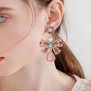 European American Trendy Fashion Imitation Pearl Colored Crystal <b>Glass</b> Metal Bow Earrings Elegant Sweet <b>Retro</b> Jewelry - Product Image 1