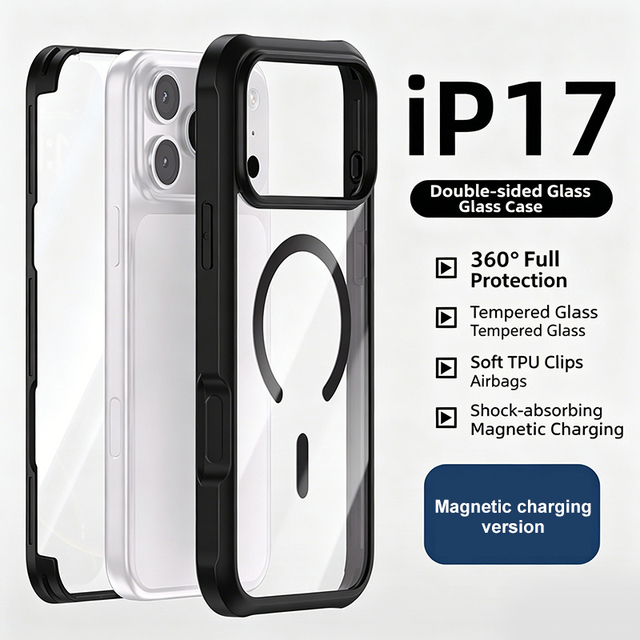 JUNBO Premium Double Layer Glass Magnetic Ring Shockproof Case for iPhone 18 17 16 15 Pro Max Full Protective Bumper Cover