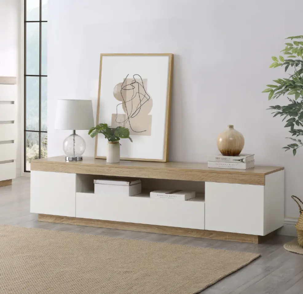 Charme naturel grain de bois supports de télévision laminage de mélamine MDF style côtier meuble de télévision unité de télévision pour le salon