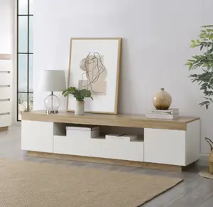 Soportes de TV de grano de madera con encanto natural, laminación de melamina, mueble de TV de estilo costero MDF, Unidad de TV para sala de estar