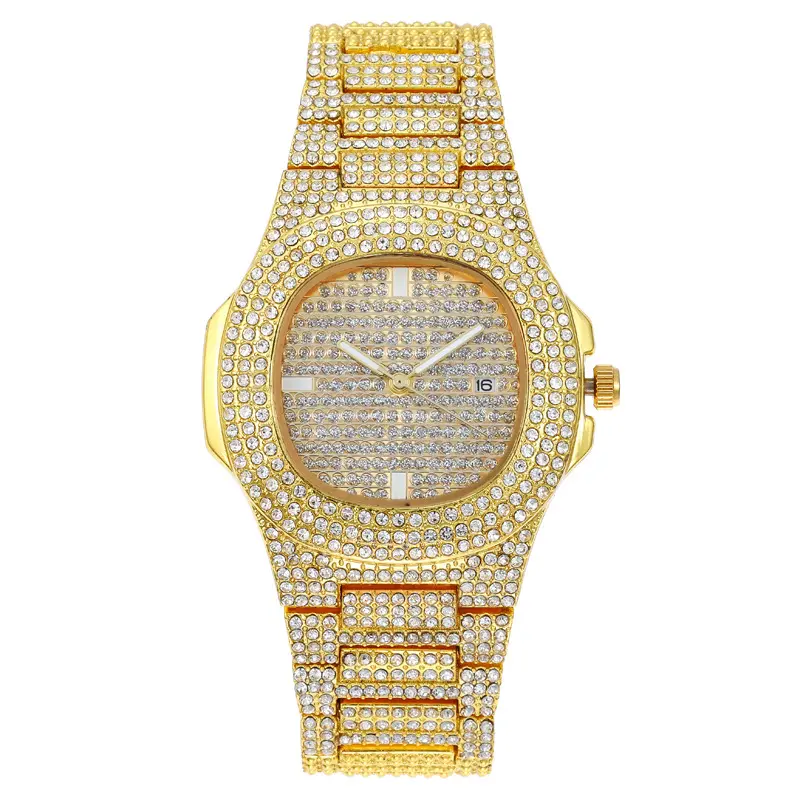 Hip Hop Chunky Cuban Cadeia Pulseira Ice Diamond Watch Para Homens Luxo Brilhante Rhinestone Miami Colar Glitter CZ Relógios Presente