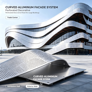 Système de façade en aluminium perforé courbé, panneau de revêtement décoratif, mur-rideau extérieur pour bâtiments commerciaux - Product Image 1