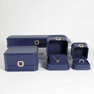 Caixa de joias em couro PU azul para embalagem de casamento, pulseira, colar, caixa de joias de luxo, caixa de joias em couro