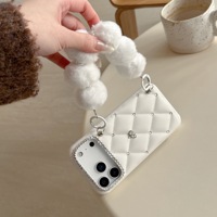 Étui en cuir PU souple à motif grille 3D et paillettes diamantées pour iPhone Air 16 15 14 13 17 Pro Max, avec bracelet en fourrure et strass scintillants