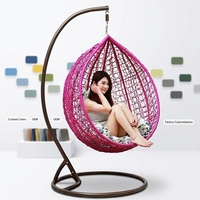 Fauteuil suspendu en rotin tressé d'extérieur personnalisé avec coussin en coton PP et support, chaise suspendue en forme d'œuf rose pour véranda, balcon, jardin