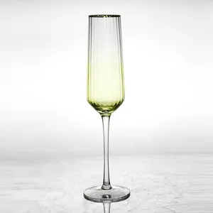 Graceful Gradient yellow Wedding Wine Embossed Line Champagne Glasses with gold rim