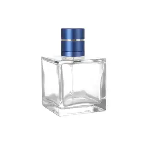 107 ml Lüks görkemli şeffaf Küp cam parfüm şişesi, sprey cam parfüm şişesi mavi silindir ile cap ref 118930