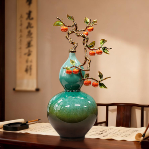 Vase en céramique orné d'une citrouille de kaki porte-bonheur avec branche métallique pour salon, entrée, cadeau de pendaison de crémaillère - Product Image 1