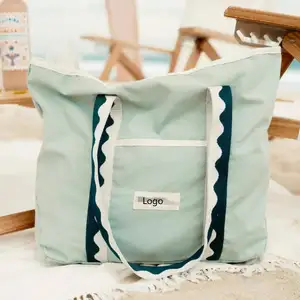 新しい卸売カスタムロゴ女性のショッピング旅行キャンバスビーチトートバッグ、ポータブル大容量夏手作りショルダーバッグ