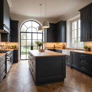Isla de Cocina Modular <span class=keywords><strong>Pavone</strong></span> con Certificación ISO9001, Color Gris Carbón, Estilo Contemporáneo, Encimera de Madera Clara, Diseño Arqueado, Ecológica y Fácil de Instalar - Product Image 1