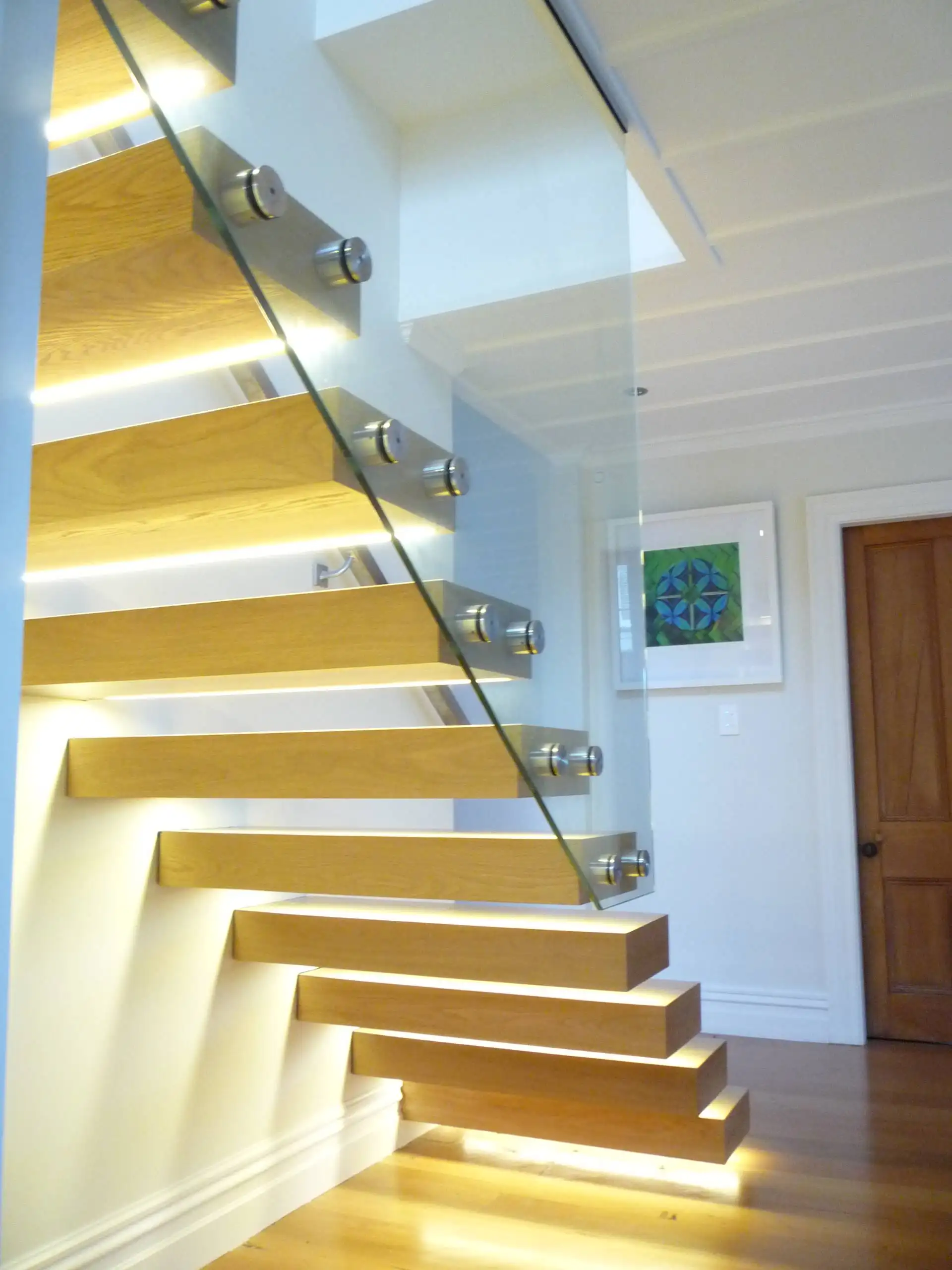 North American Construction Code Modern Stair Floating Straight Stairs Interior Staircase With Wood Tread And Glass Railing