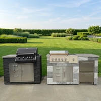 Cuisine extérieure BBQ en pierre culturelle grise résistante aux intempéries avec plan de travail plat, brûleur latéral, tiroir de rangement pour réfrigérateur et comptoir en marbre