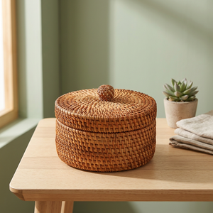 Natural Rattan Storage Basket With Lid Round Eco-Friendly <b>Rustic</b> Design Multi-Purpose Bowl Shape - Product Image 2