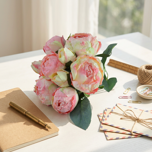 Bouquet di 9 Rose in Seta Fatte a Mano, <span class=keywords><strong>Rosa</strong></span>/Rosso, Fiori Artificiali per Matrimoni, Decorazioni per la Casa, Vendita all'Ingrosso - Product Image 4