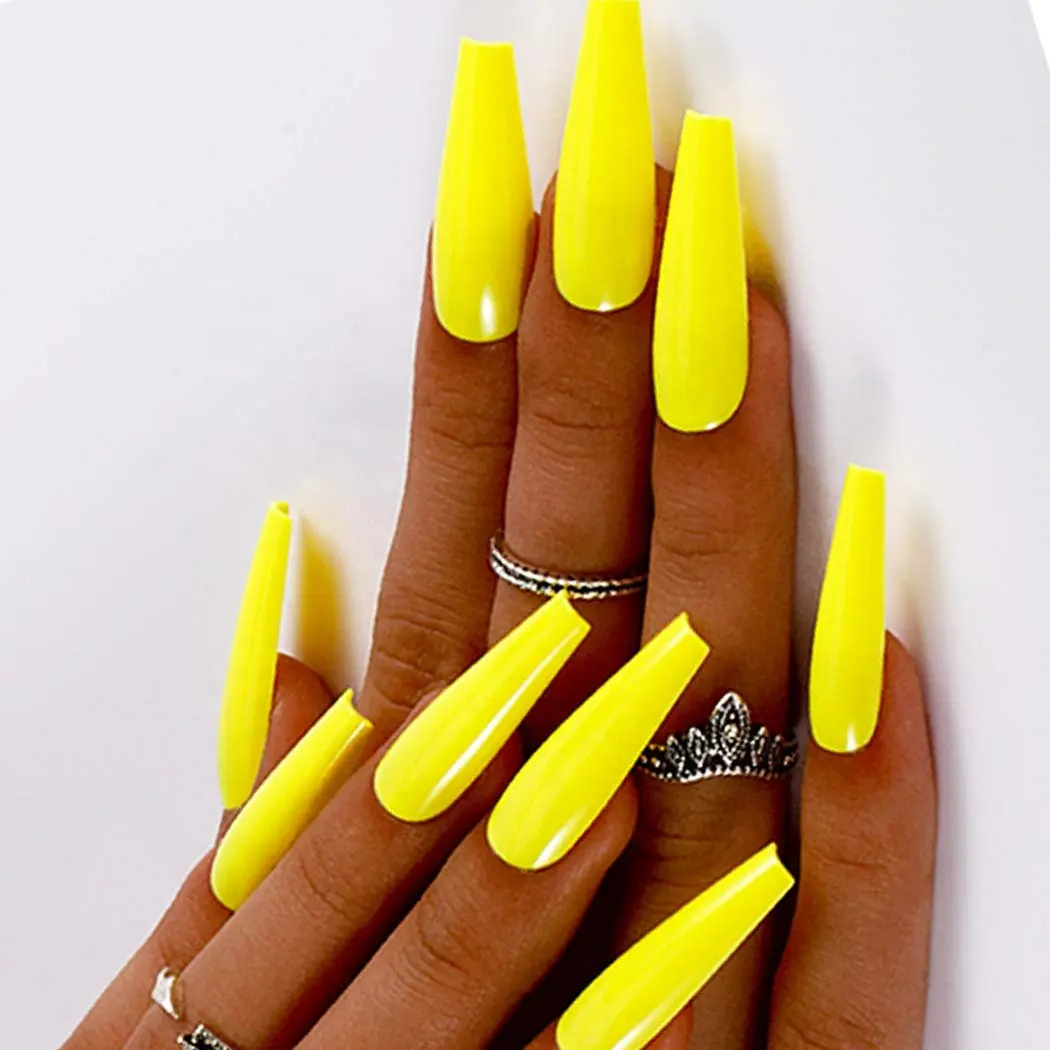 Naixi-esmalte de uñas postizas para mujer, uñas largas de bailarina, color amarillo brillante, cobertura completa, esmalte de gel artificial