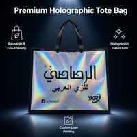 Sac fourre-tout réutilisable en non-tissé holographique, argenté irisé, imprimé sur mesure, avec poignées noires