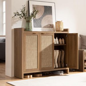 Meuble à chaussures moderne en rotin style bohème avec 3 portes, rangement autoportant pour entrée avec étagère inférieure ouverte - Product Image 3