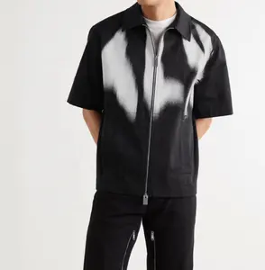 Fashion Custom Streetwear Full Zip Up Collar Short Sleeve Shirts Casual Heavyweight Cotton Black Print Zip Up Shirt for Men