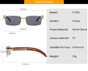 Nuovi occhiali da sole in metallo con montatura quadrata piccola in metallo con venature del legno occhiali da sole con protezione solare per uomini e donne all'avanguardia retrò transfrontalieri - Product Image 3