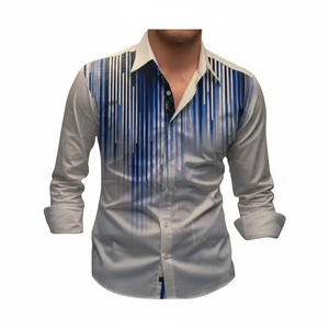 เสื้อเชิ้ตผู้ชายสีน้ำเงินลายทางแนวตั้ง ผ้าฝ้ายป๊อปลิน 100% ระบายอากาศได้ดี แขนยาว - Product Image 1