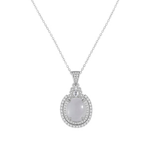 Translucent Chalcedony Oval Pendant Necklace With Diamond Halo Clavicle Chain Everyday Wear - Product Image 4