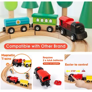 लकड़ी ट्रेन सेट गाड़ियों के साथ ट्रैक खिलौने इलेक्ट्रिक ट्रेन कार बैटरी संचालित इंजन
