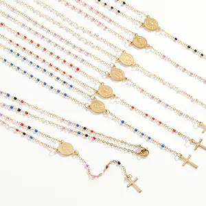 Wholesale stainless steel jewelry colorful drop beads cross rosary necklace beads crucifix cross maria jewelry necklace