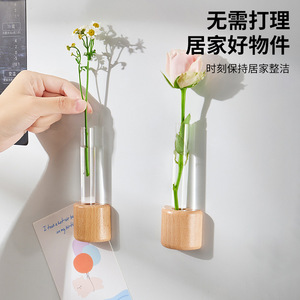 Solid Wood Refrigerator Magnet Magnetic Test Tube Hydroponic Vase Flower Arrangement Container Creative Wall Hanging Small Vase - Product Image 1