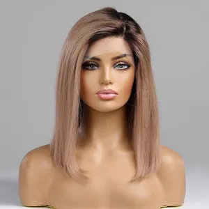 14 inch short bob wigs straight ombre brown natural black transparent lace front wigs supplier 100% human hair wig for women