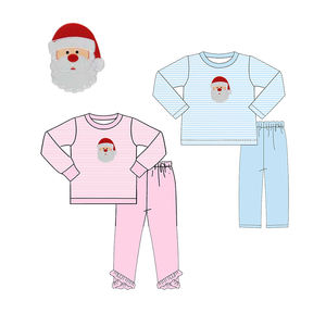 Père Noël Applique Bleu et Rose Rayé Noël Enfants Pjs En Gros Coton Toddler Garçons et Filles Pyjamas - Product Image 1