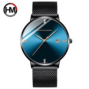 <span class=keywords><strong>Hannah</strong></span> Martin nouveau noir grand cadran incrusté de diamants simple conception à trois aiguilles hommes japon mouvement montre à quartz en acier inoxydable dos - Product Image 3
