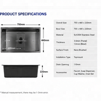 Évier de cuisine simple en acier inoxydable 304 avec robinet cascade, affichage LED, nano anti-rayures, noir, à poser sur comptoir