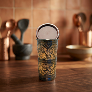 Vaso de Cobre Puro Tallado a Mano de Primera Calidad con Tapa, Diseño Ornamental Mughal Arabesco, Artículos de Bebida de Metal de Lujo - Product Image 3