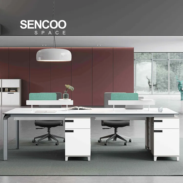 Sencoo เฟอร์นิเจอร์สมัยใหม่โต๊ะพาร์ทิชันเวิร์กสเตชันแบบแยกส่วนโต๊ะสํานักงาน 4 คนพร้อมตู้เก็บของ