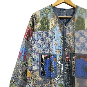 Quilted <b>Patchwork</b> <b>Jacket</b> Women V-Neck Full Sleeve Printed Autumn Outerwear Button Closure Regular Length gift for her - Product Image 2