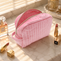 Trousse de Maquillage Pliable Rayée et Cousue, Grande Capacité, Portable, en Velours Matelassé, avec Fermeture Éclair pour Cosmétiques