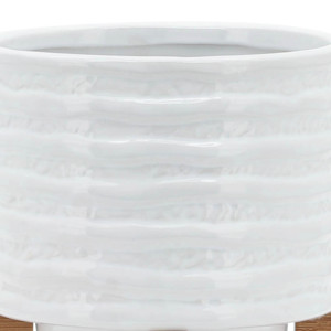 Pot en céramique avec support en bois, pot en grès moderne pour plantes d'intérieur et d'extérieur, pots à fleurs ronds, décoration intérieure - Product Image 6