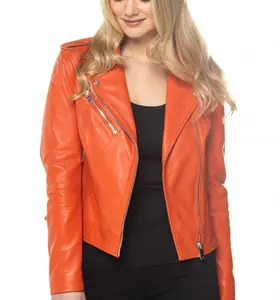 Куртка кожаная оранжевая для женщин, коллекция кожаных курток 100%, мотоциклетная куртка для девочек, зимняя женская стандартная куртка для женщин