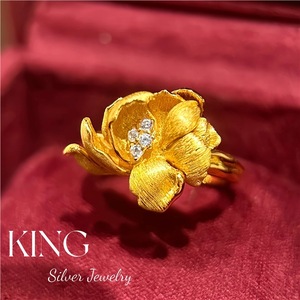 Bague Pivoine en Argent Sterling S925 Plaqué Or avec Diamants pour Femme, Bijou Raffiné et Tendance - Product Image 1