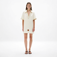 Nouvelle Robe Courte Femme Chic Bohème Col Polo Blanc Cassé Col en V Profond Bordure en Corde Tressée Manches Courtes Coupe Droite Personnalisable Vente en Gros