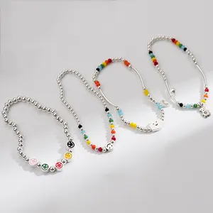 Regenboog Lachend Gezicht Bead Chain Elastische String Pulsera 925 Sterling Zilveren Vriendschap Armband Voor Meisje