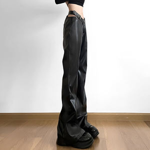 American Punk Cutout PU Leather Pants for <b>Women</b> Low Rise Flare Pants with Crop <b>Top</b> Design Streetwear <b>Sexy</b> Bodycon Baddie Pants - Product Image 5